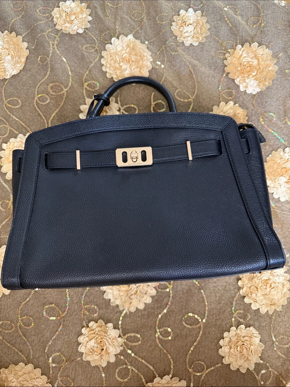 Michael Kors Black Leather Satchel with Gold-Tone Turn Lock